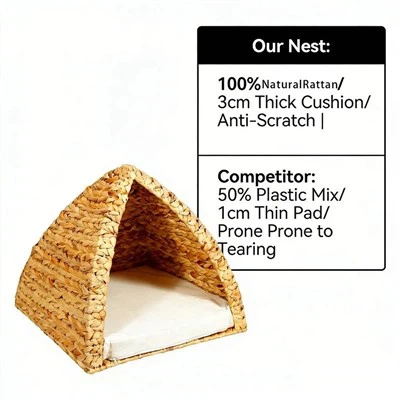 प्राकृतिक आरामदायक जलकुंभी त्रिकोणीय तम्बू बिल्ली घर/पालतू बिस्तर