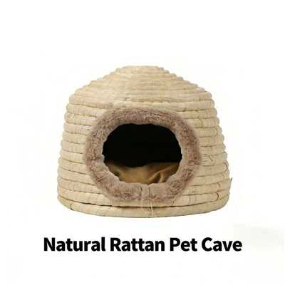 हाथ से बुना हुआ छोटा फ़ोल्ड करने योग्य यर्ट{{1}आकार का स्ट्रॉ बिल्ली गुफा/पालतू बिस्तर