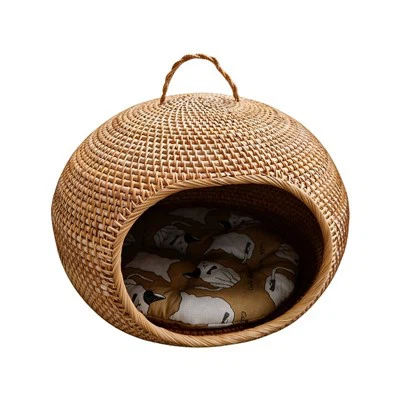 प्राकृतिक हाथ से बुना हुआ रतन गोल पर्यावरण अनुकूल बिल्ली गुफा, हैंडल/पालतू बिस्तर के साथ