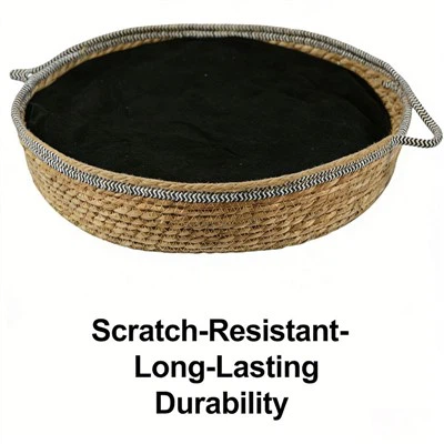 गोल हाथ से बुना हुआ नीला और सफेद सूती और पुआल रस्सी बिल्ली का घर/पालतू बिस्तर